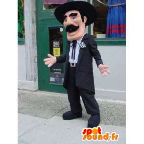 Μασκότ mustachioed άνδρας ντυμένος στα μαύρα με ένα καπέλο - MASFR003563 - Ο άνθρωπος Μασκότ