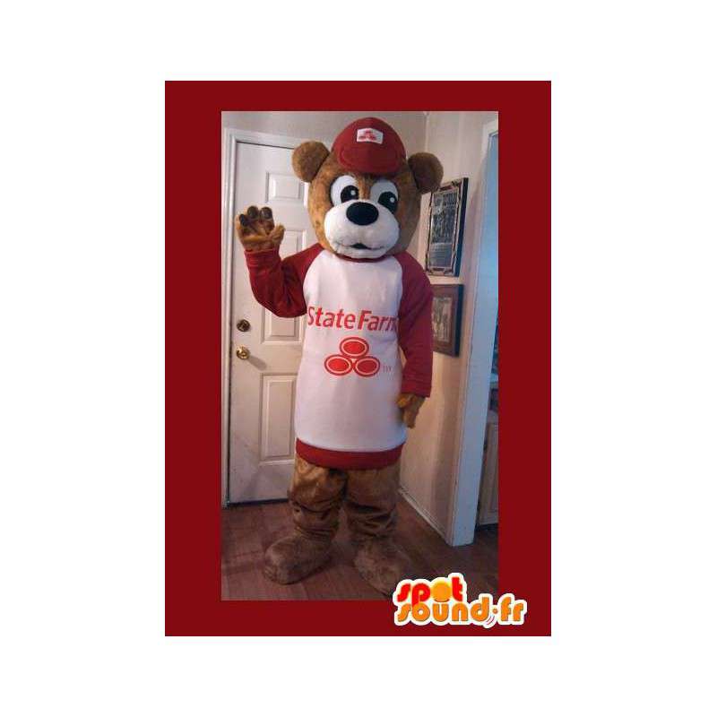 Mascotte ours brun avec casquette et pull rouge et blanc - MASFR003579 - Mascotte d'ours