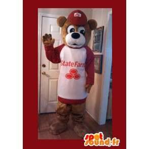 Mascotte ours brun avec casquette et pull rouge et blanc - MASFR003579 - Mascotte d'ours
