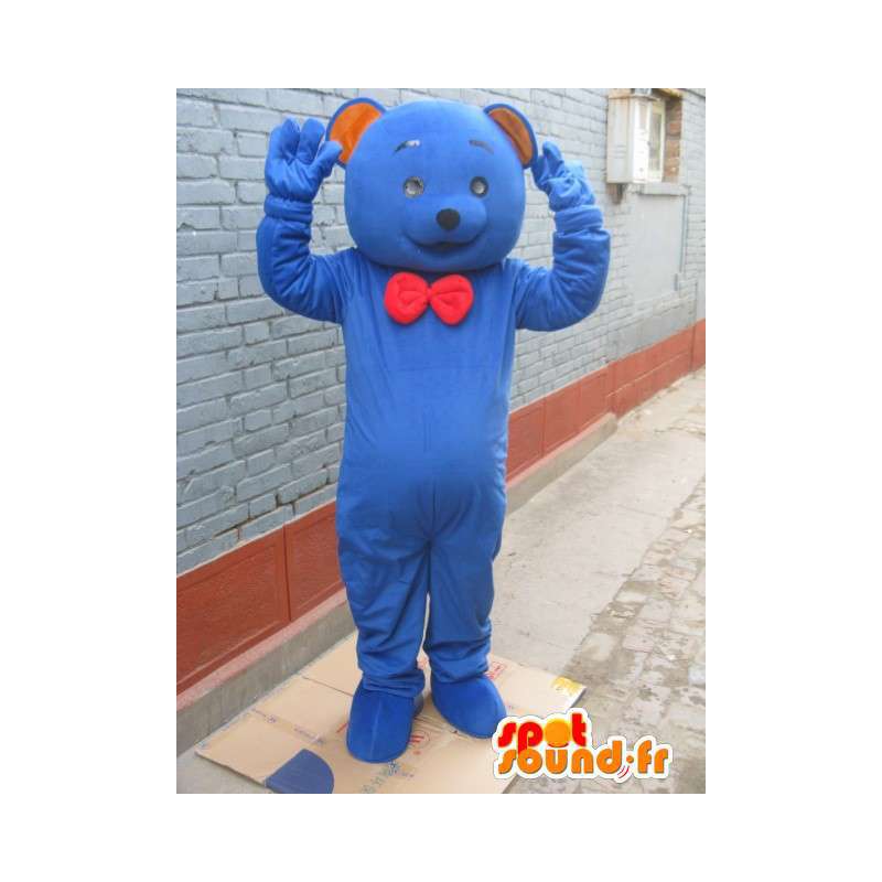 Mascot urso azul clássico com arco laço vermelho - plush - MASFR00282 - mascote do urso