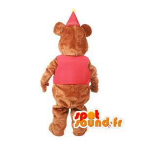 Mascotte d'ours marron en habit rouge de fête d'anniversaire - MASFR003600 - Mascotte d'ours