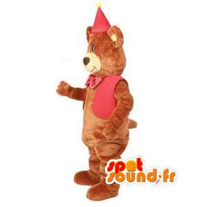 Mascotte d'ours marron en habit rouge de fête d'anniversaire - MASFR003600 - Mascotte d'ours