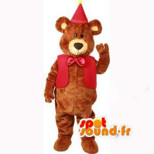 Brunbjörnmaskot i röd födelsedagsfestdräkt - Spotsound maskot