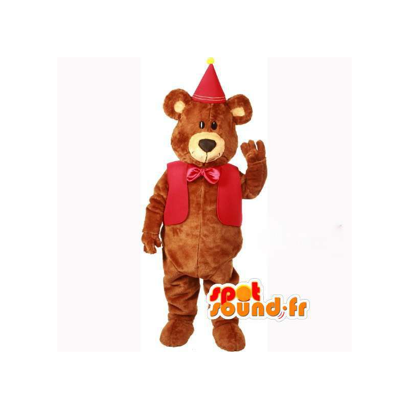 Mascotte d'ours marron en habit rouge de fête d'anniversaire - MASFR003600 - Mascotte d'ours