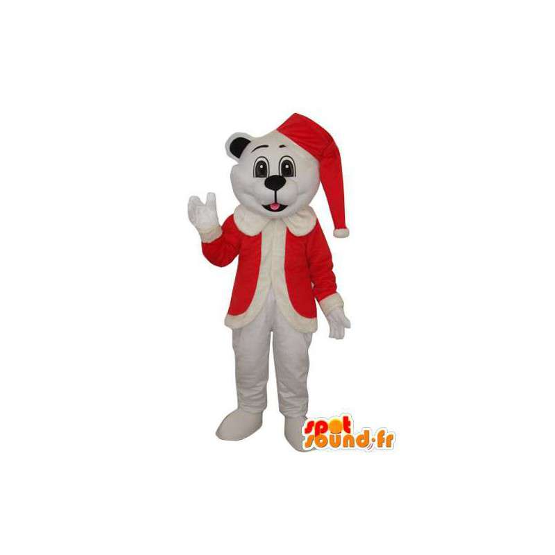 Bílý pes maskot s kloboukem a Santa sako  - MASFR003623 - psí Maskoti