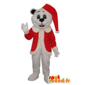 Mascote branco cão com chapéu de Santa e jaqueta  - MASFR003623 - Mascotes cão