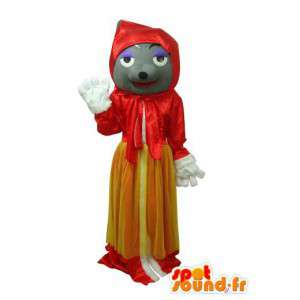 Mascota gris ratón con un vestido amarillo y rojo - MASFR003634 - Mascota del ratón