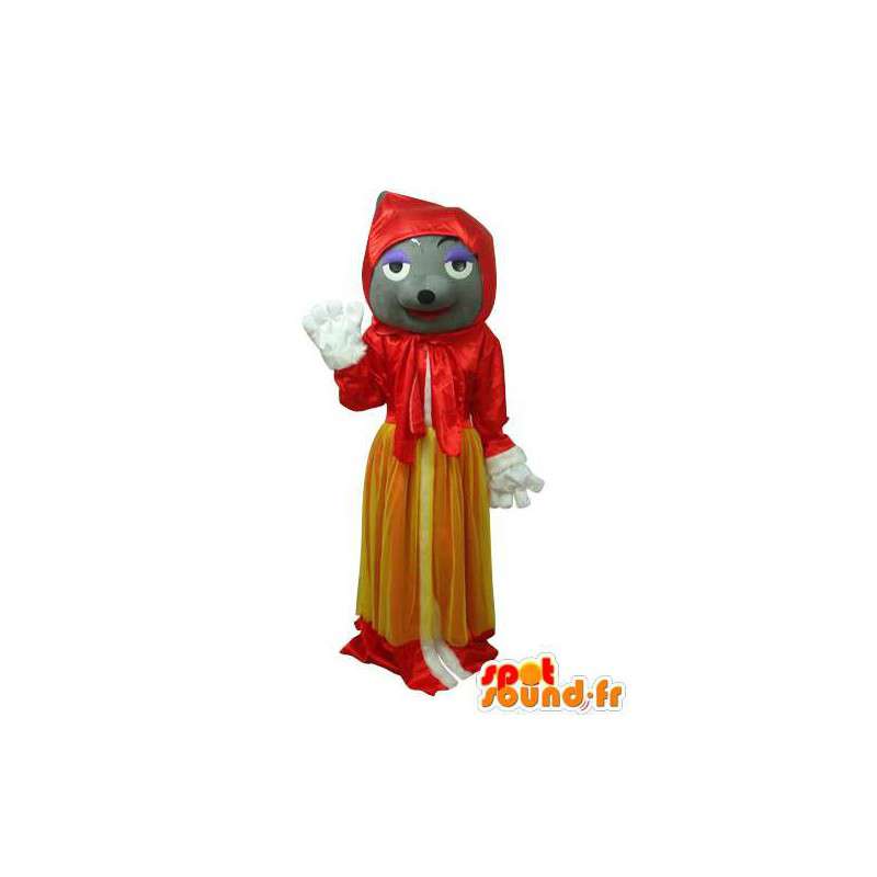Mascotte de souris grise agrémentée d’une robe jaune et rouge - MASFR003634 - Mascotte de souris