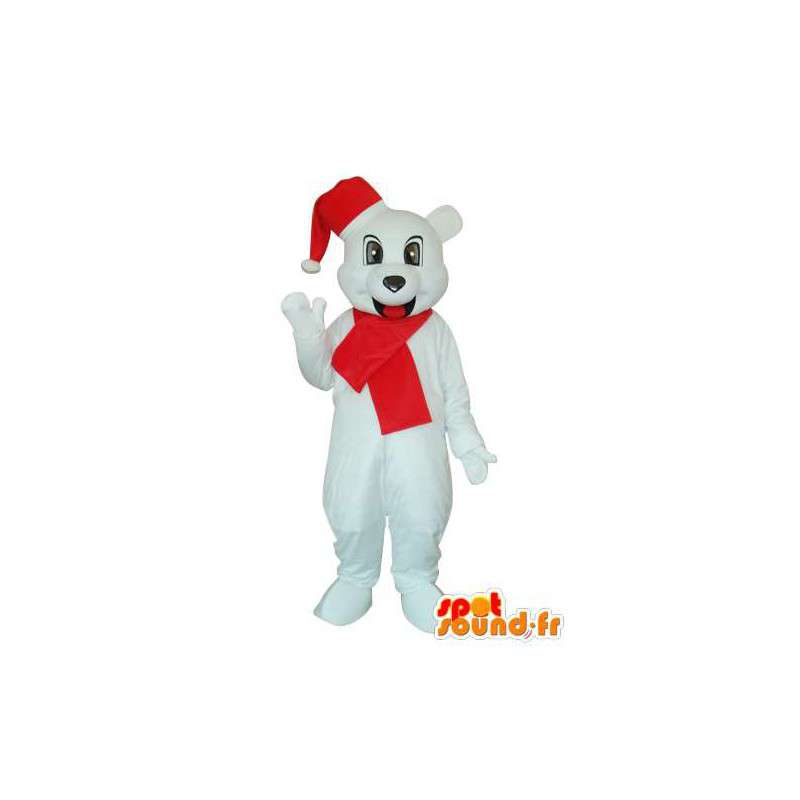 Biały pies maskotka z czerwonym szalikiem i kapeluszem - MASFR003664 - dog Maskotki