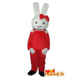 Kostume, der repræsenterer en hvid kanin iført rødt arbejdstøj