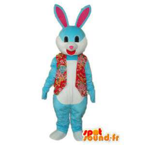 Kostume, der repræsenterer en blå kanin iført en rød vest -