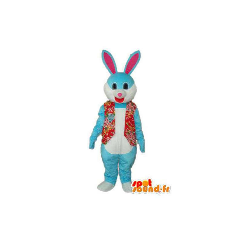 Kostume, der repræsenterer en blå kanin iført en rød vest -