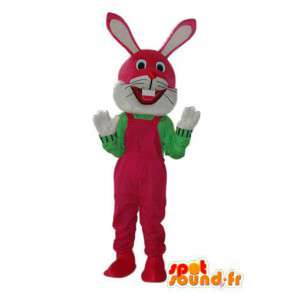 Costume de lapin en salopette rouge bordeaux et pull vert  - MASFR003874 - Mascotte de lapins