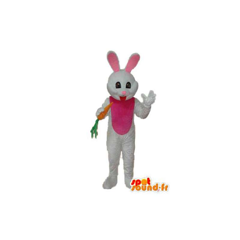 Conejito blanco y rosado del traje con una zanahoria en la mano - MASFR003878 - Mascota de conejo