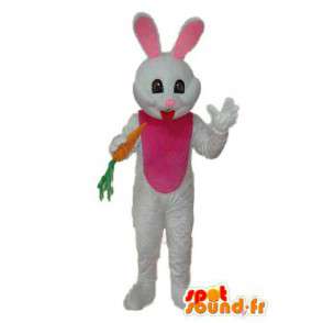 Costume de lapin blanc et rose avec une carotte en main - MASFR003878 - Mascotte de lapins