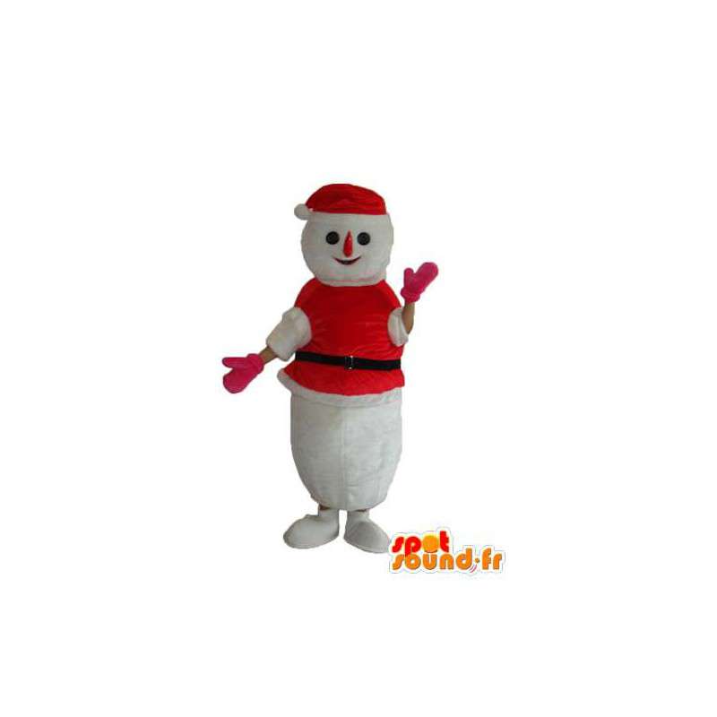 Kostume, der repræsenterer en snemand i sweater og rød hat -