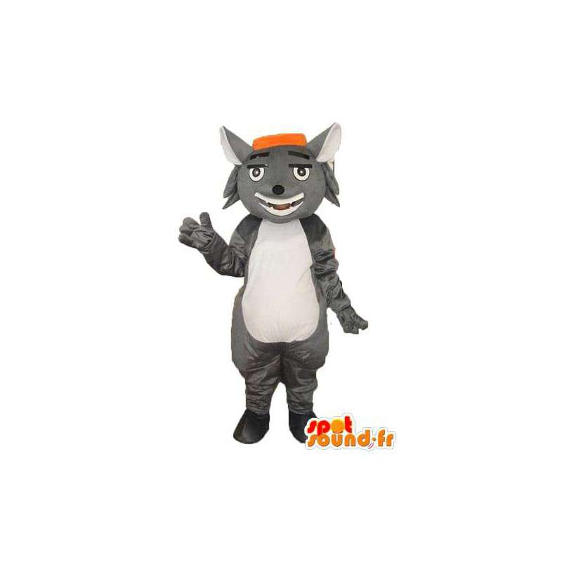 Mascotte wat neerkomt op een grijze kat lomp en lachend - MASFR003893 - Cat Mascottes