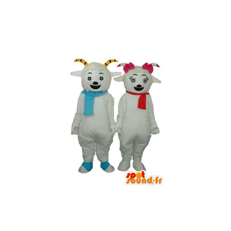 Duo of white sheep smiling - Customizable - MASFR003894 - Mascots sheep