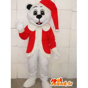 Vit vit björnmaskot med rött lock - plysch för fester -