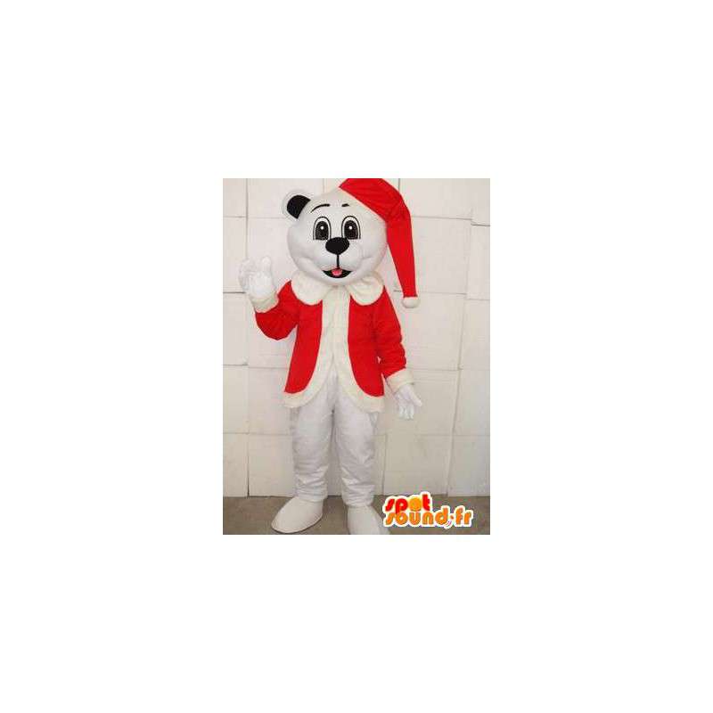 Maskot Vánoční bílý medvěd s červeným víčkem - Plyšová na dovolenou - MASFR00302 - Bear Mascot