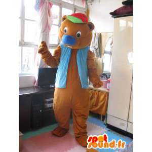 Bear mascot fun to cap with blue vest - Plush animal - MASFR00309 - Bear mascot