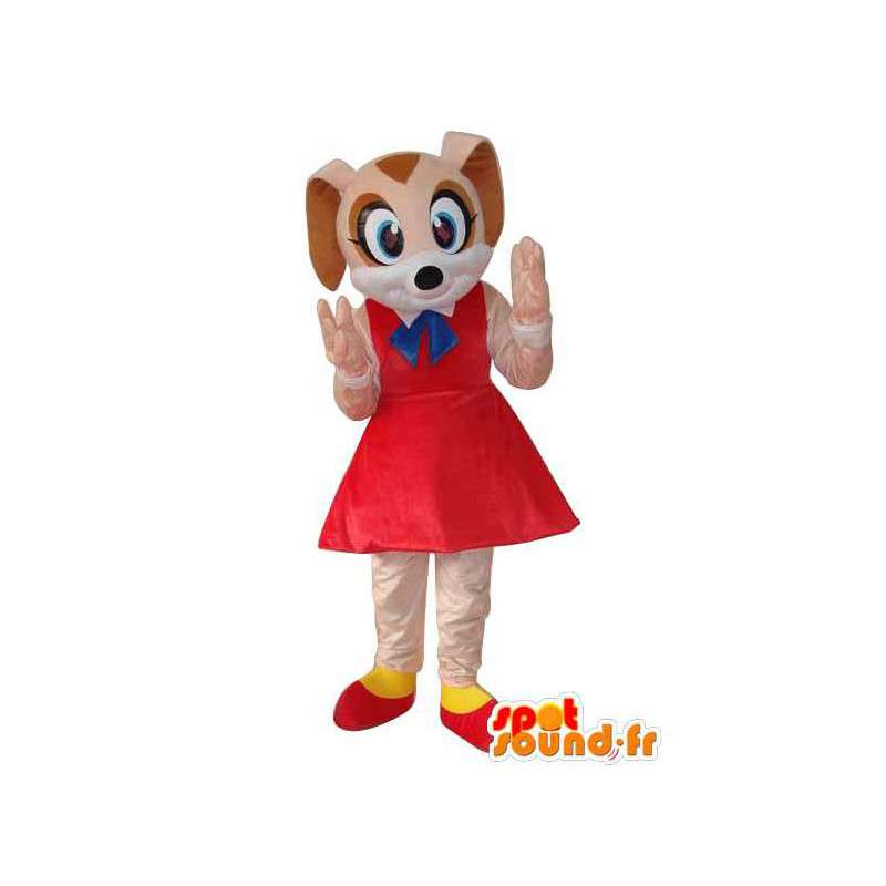Mouse mascotte beige, rode jurk - MASFR004045 - Mouse Mascot