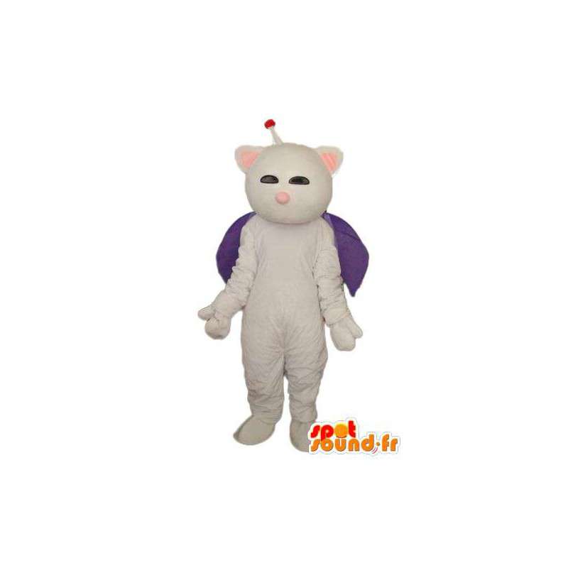Hvid kat kostume med antenne og lilla kappe - Spotsound maskot
