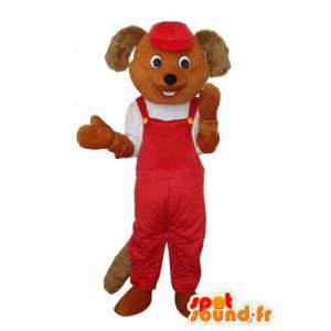 Mascotte de souris marron - pantalon à bretelles rouge  - MASFR004231 - Mascotte de souris