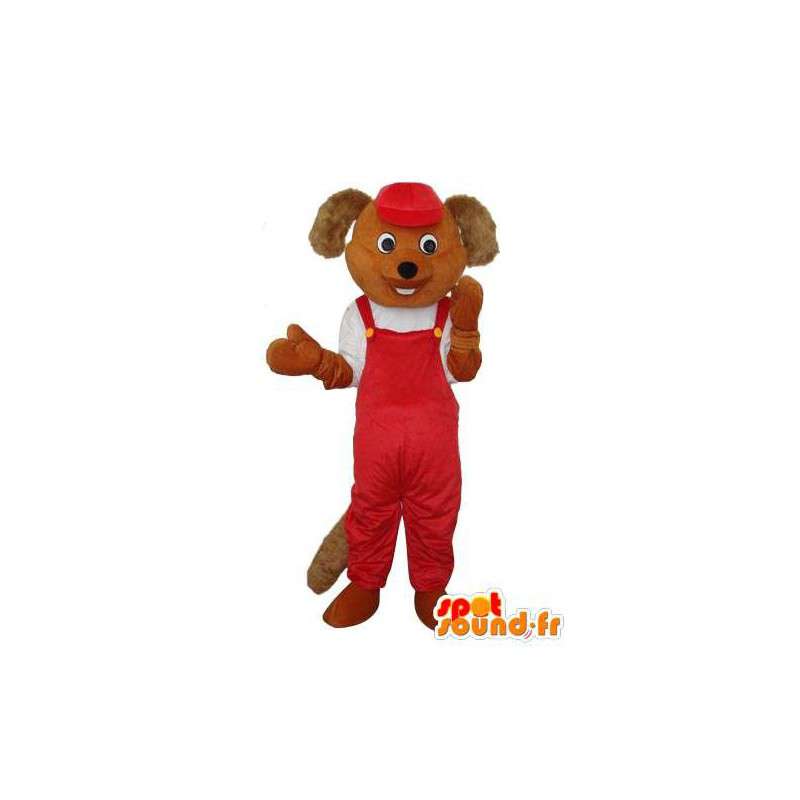 Mascotte de souris marron - pantalon à bretelles rouge  - MASFR004231 - Mascotte de souris