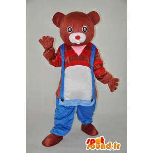 Mascotte ours marron et rouge avec pantalon à bretelles - MASFR004234 - Mascotte d'ours