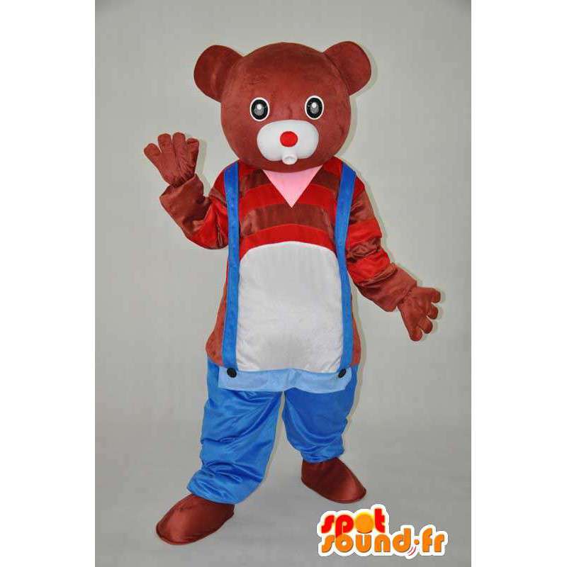 Brown bear mascot and red pants with suspenders - MASFR004234 - Bear mascot