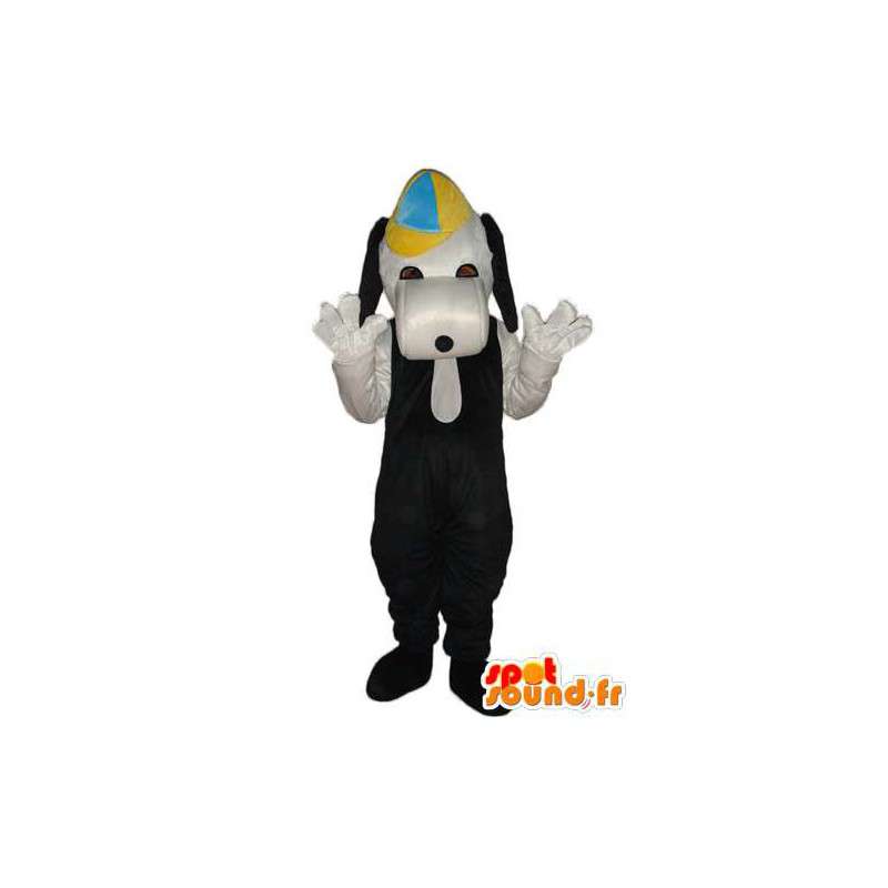 Costume de chien en peluche noir blanc - casquette jaune bleu - MASFR004272 - Mascottes de chien
