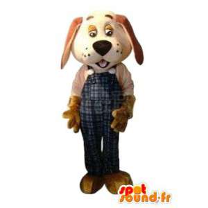 Mascotte de chien beige avec pantalon à bretelles bleu - MASFR004274 - Mascottes de chien