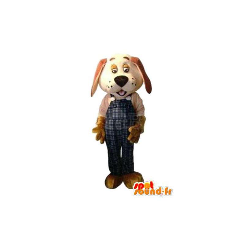 Mascotte de chien beige avec pantalon à bretelles bleu - MASFR004274 - Mascottes de chien