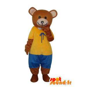 Brun nallebjörndräkt som bär gult och blått - Spotsound maskot