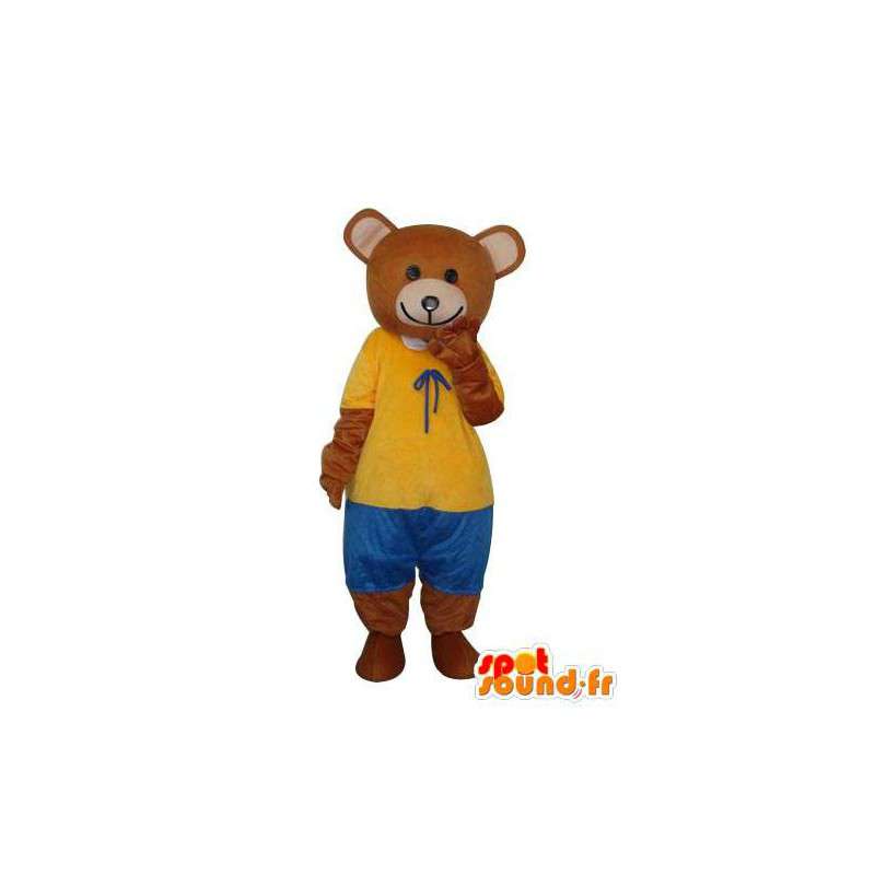Brun bamse kostyme kledd i gul og blå - MASFR004285 - bjørn Mascot