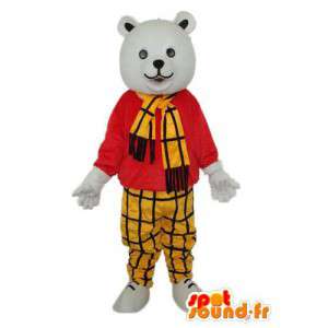 Déguisement d'ours blanc avec vêtements rouge jaune et noir  - MASFR004297 - Mascotte d'ours