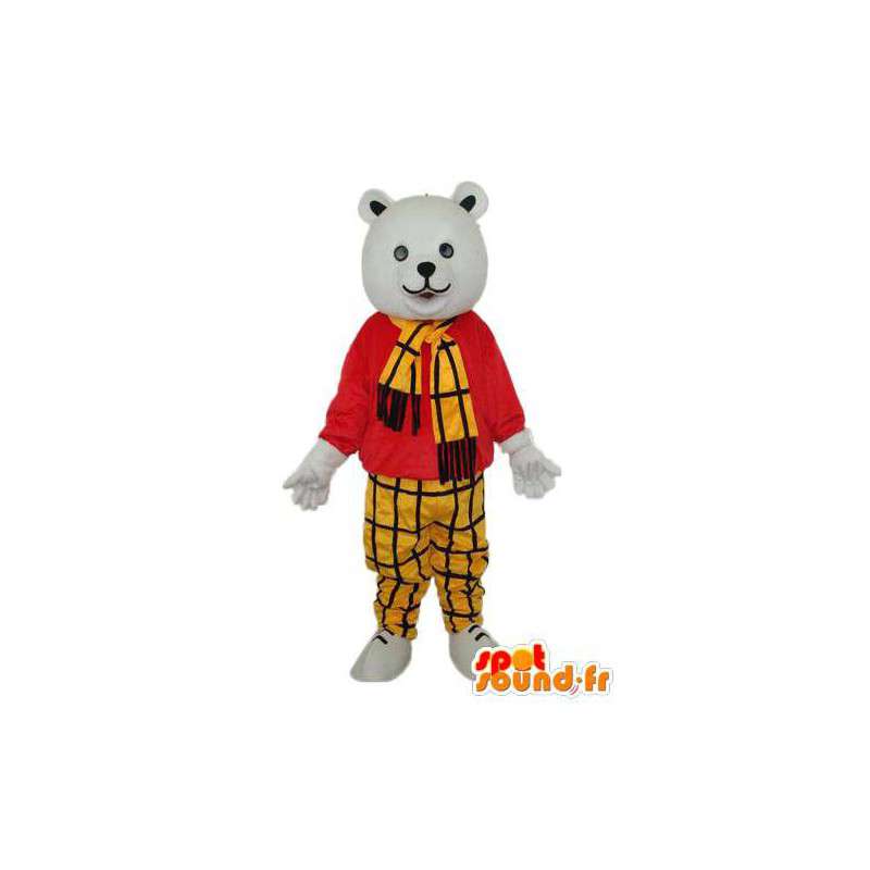 Déguisement d'ours blanc avec vêtements rouge jaune et noir  - MASFR004297 - Mascotte d'ours