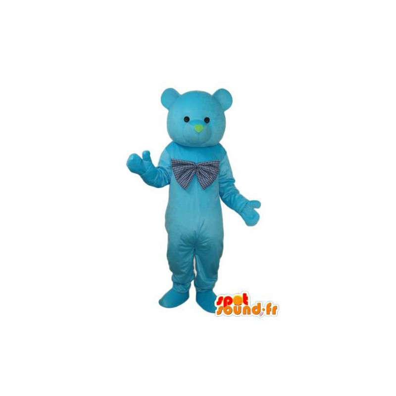 Mascot urso azul, gravata borboleta branca listras azuis - MASFR004313 - mascote do urso