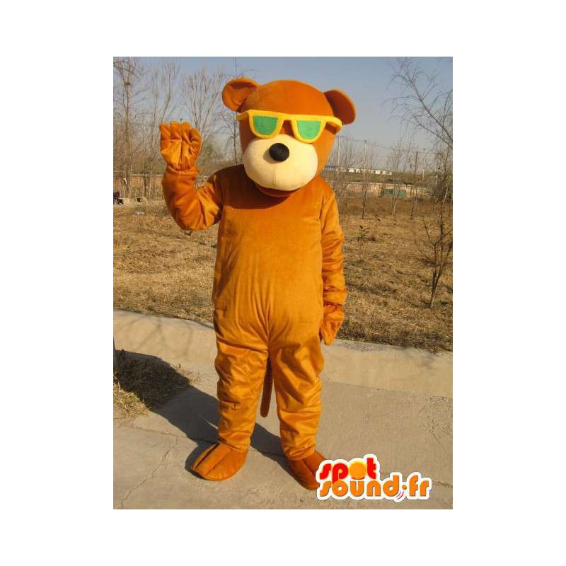 Maskot brunbjørn med grønne briller - Plush Bomull - MASFR00328 - bjørn Mascot