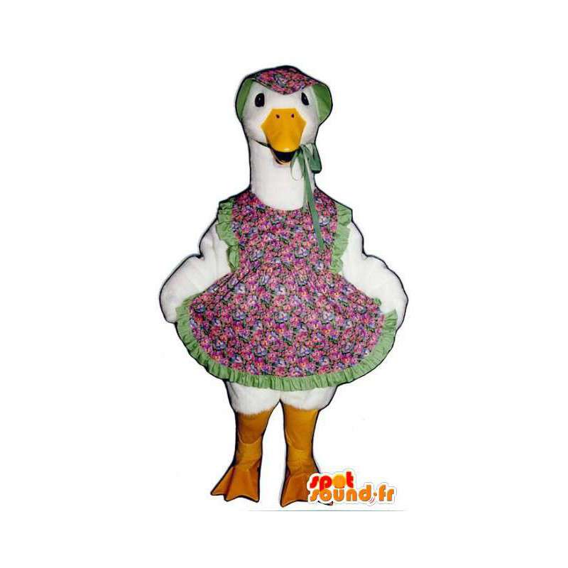 Mascotte d'oie blanche habillée en robe à fleurs - MASFR004517 - Mascottes de plantes