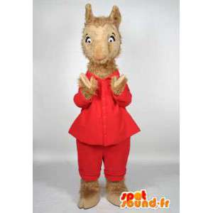 Mascotte de lama en tenue rouge. Costume de lama - MASFR004542 - Animaux de la forêt
