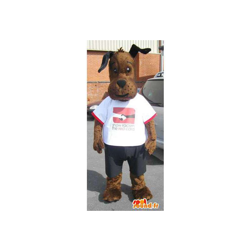 Brown and beige dog mascot with a white t-shirt - Sizes L (175-180CM)