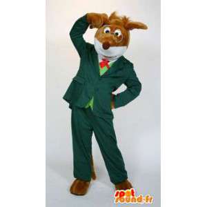 Mascote cão vestido no terno verde com óculos - MASFR004601 - Mascotes cão