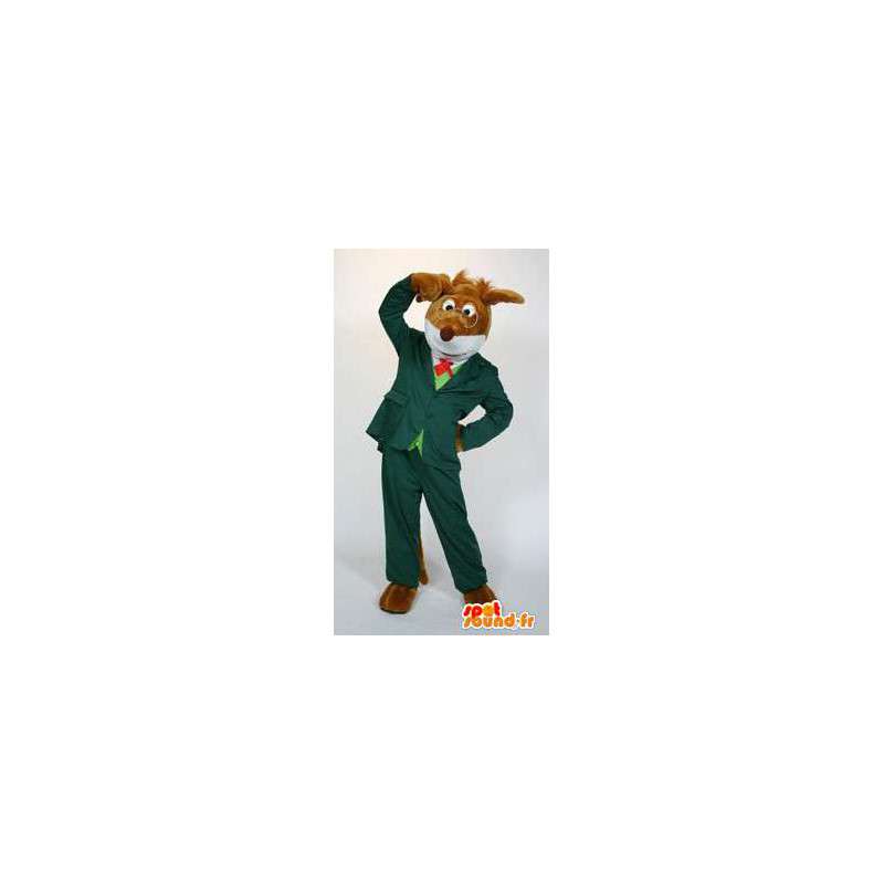 Hundemaskot klædt i grønt kostume med briller - Spotsound maskot