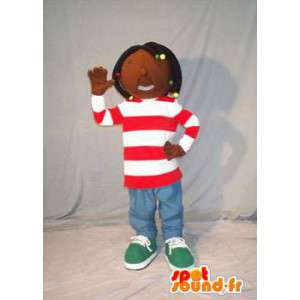 Zwart meisje mascotte met gestreepte sweater - MASFR004612 - Mascottes Boys and Girls