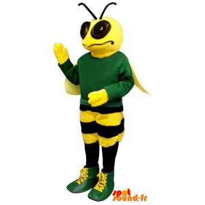 Mascotte de guêpe/d'abeille jaune et noire habillée en vert - MASFR004679 - Mascottes Abeille