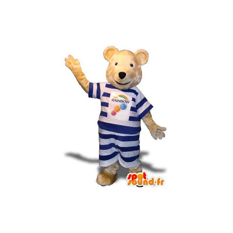 Bear maskot oblečený v bílé a modré pruhy - MASFR004680 - Bear Mascot