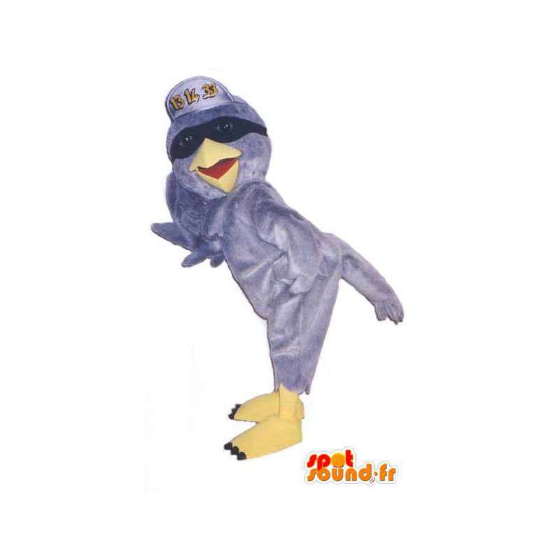 Mascot pássaro cinzento com um tampão e óculos - MASFR004716 - aves mascote