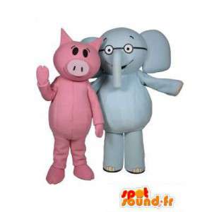 Mascotte de cochon rose et d'éléphant bleu. Pack de 2 - MASFR004721 - Mascottes Cochon